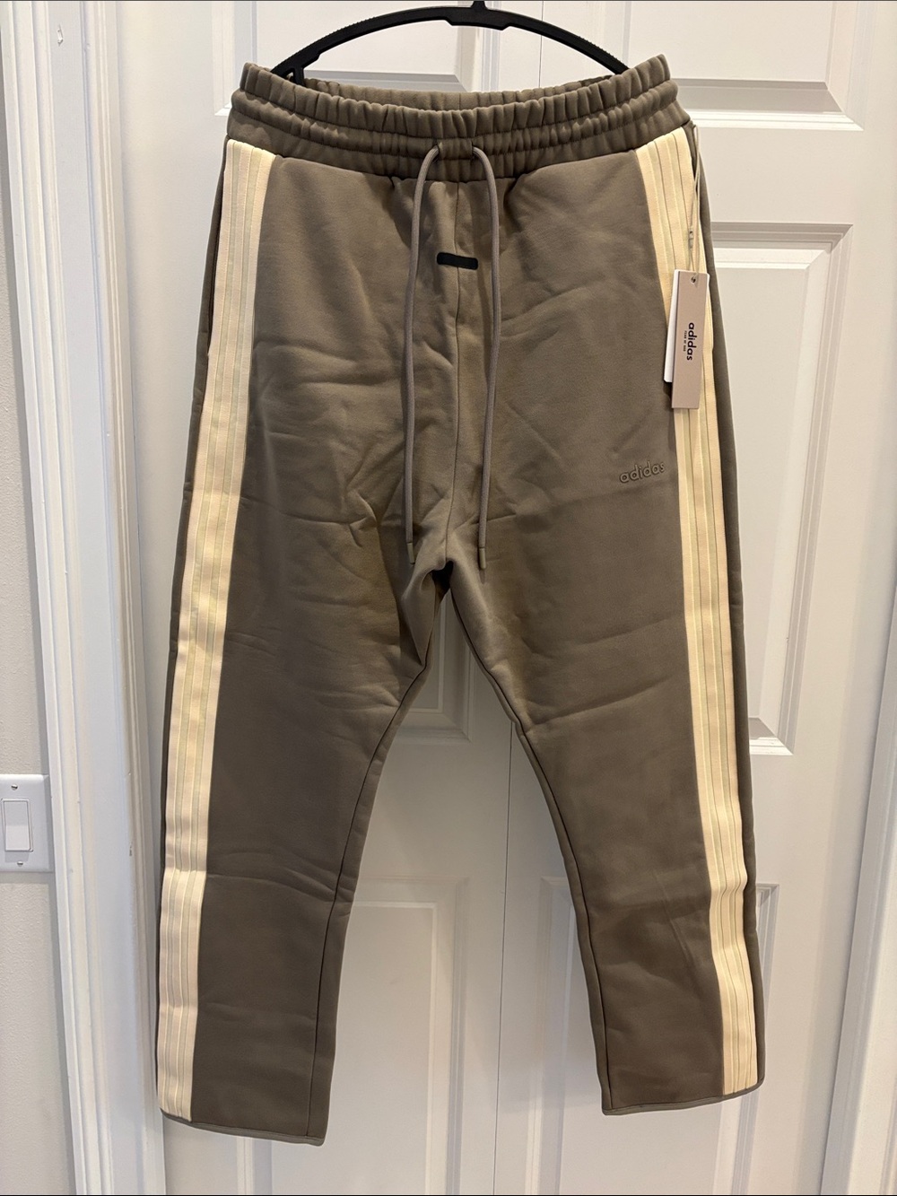 adidas x Fear of God Men’s Olive Joggers with Pale yellow Side Stripes